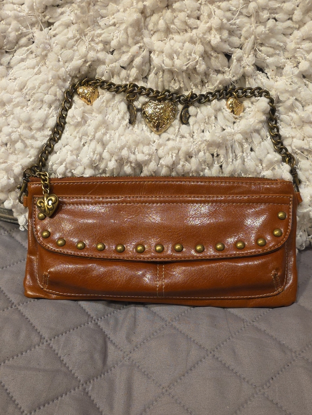 Kathy Van Zeeland Rusty Brown Leather Studded Clutch with Heart Charm Chain